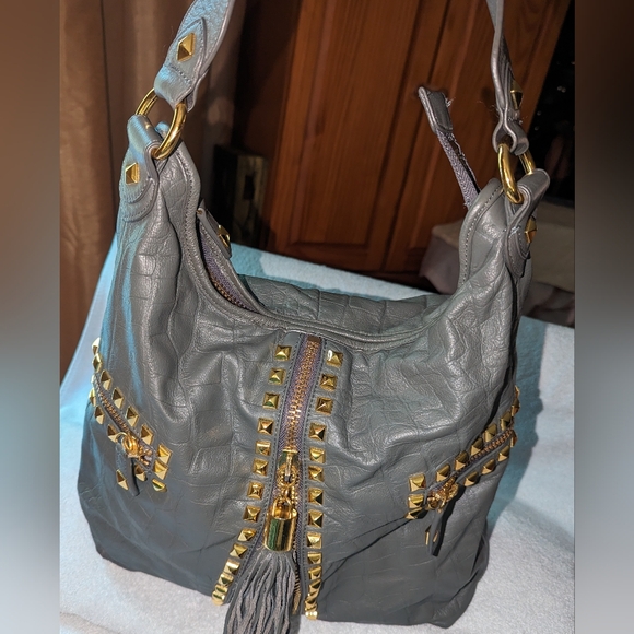 Betsey Johnson leather studded tassel hobo shoulder bag. - Picture 3 of 12